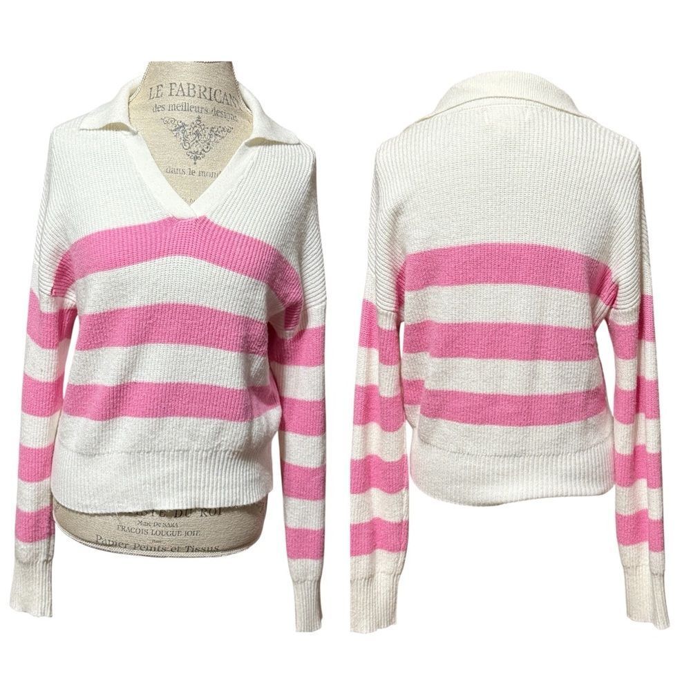Jessica Simpson Pink and White Striped V-Neck Long Sleeve Sweater Size X-Large